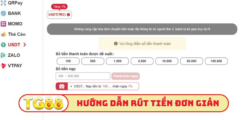 Hướng dẫn rút tiền TG88 đơn giản
